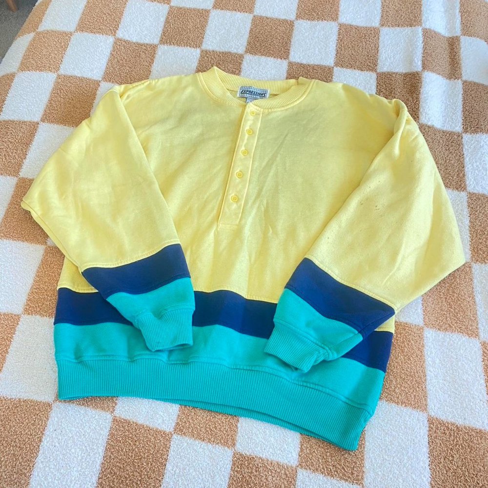 Expressions Retro Crewneck Button Up Sweater Yell… - image 3